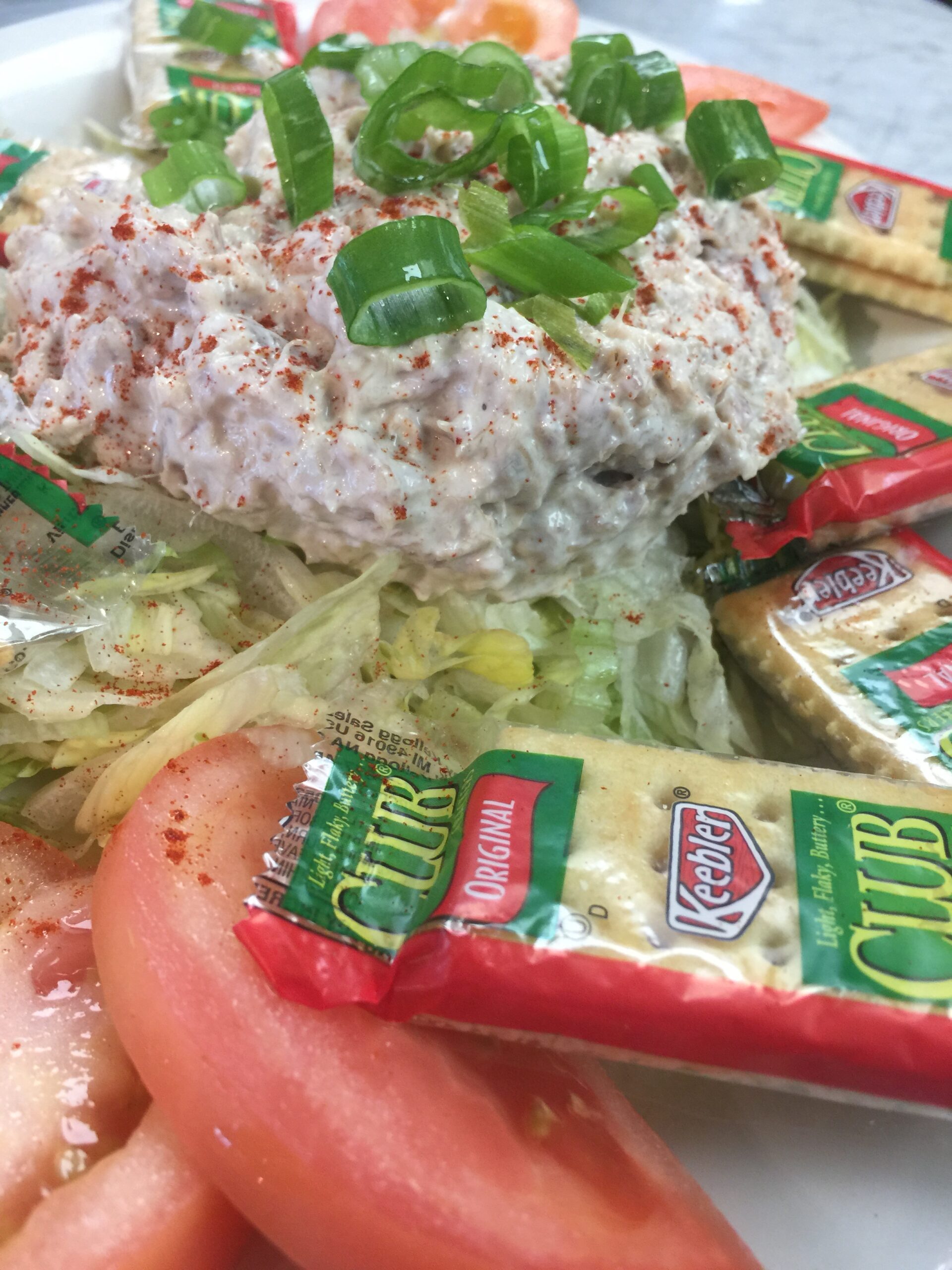 Fresh Tuna Dip on a bed of shredded lettuce and diced tomatoes